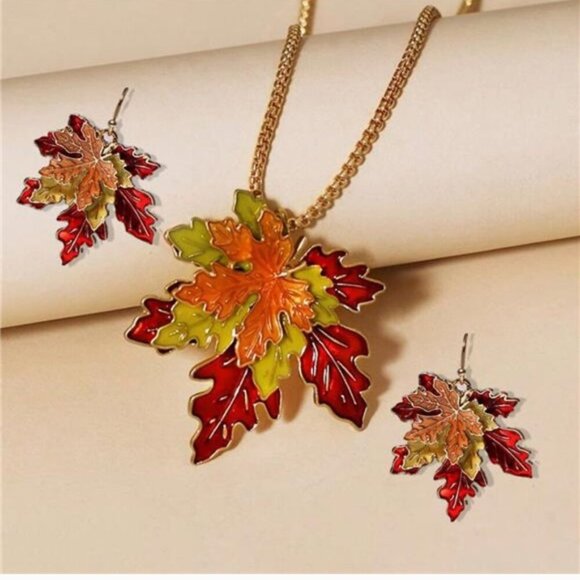 3pcs/Set BEAUTIFUL 3D Vintage Maple Leaf Gold Tone Necklace Earrings set - Picture 3 of 9